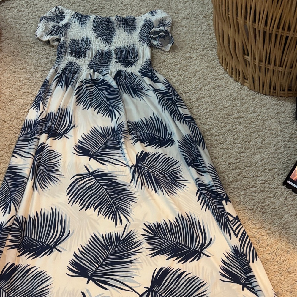 White and Blue Leaf Print Dress
